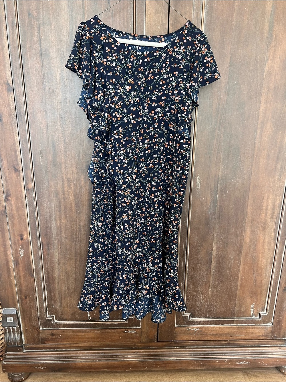 Navy Floral Ruffle Wrap Dress - Picture 2 of 3